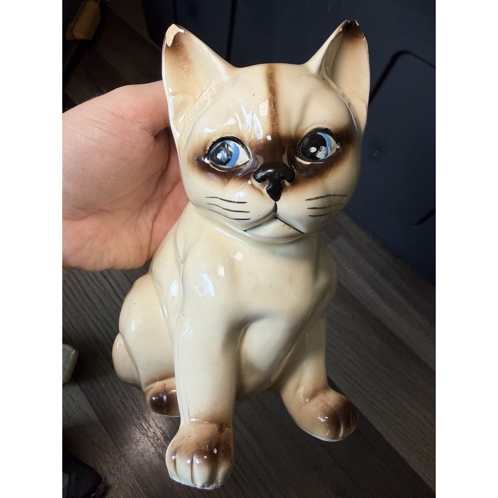 Vintage Ceramic Sitting Cat Succulent Planter Pot Blue Eyes 1950s Style Medium